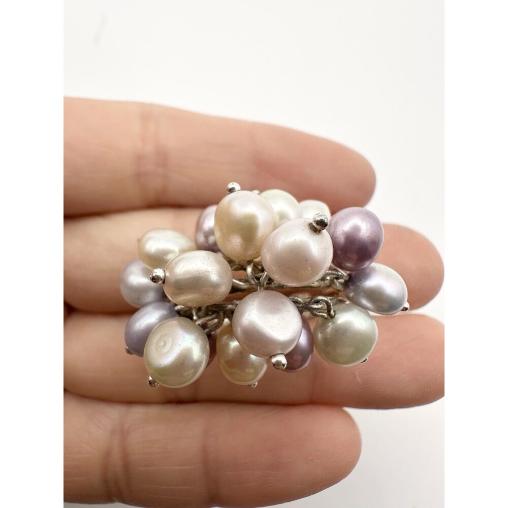 Vintage 925 Sterling Silver Multicolor Freshwater Cluster Pearl Ring Size 10